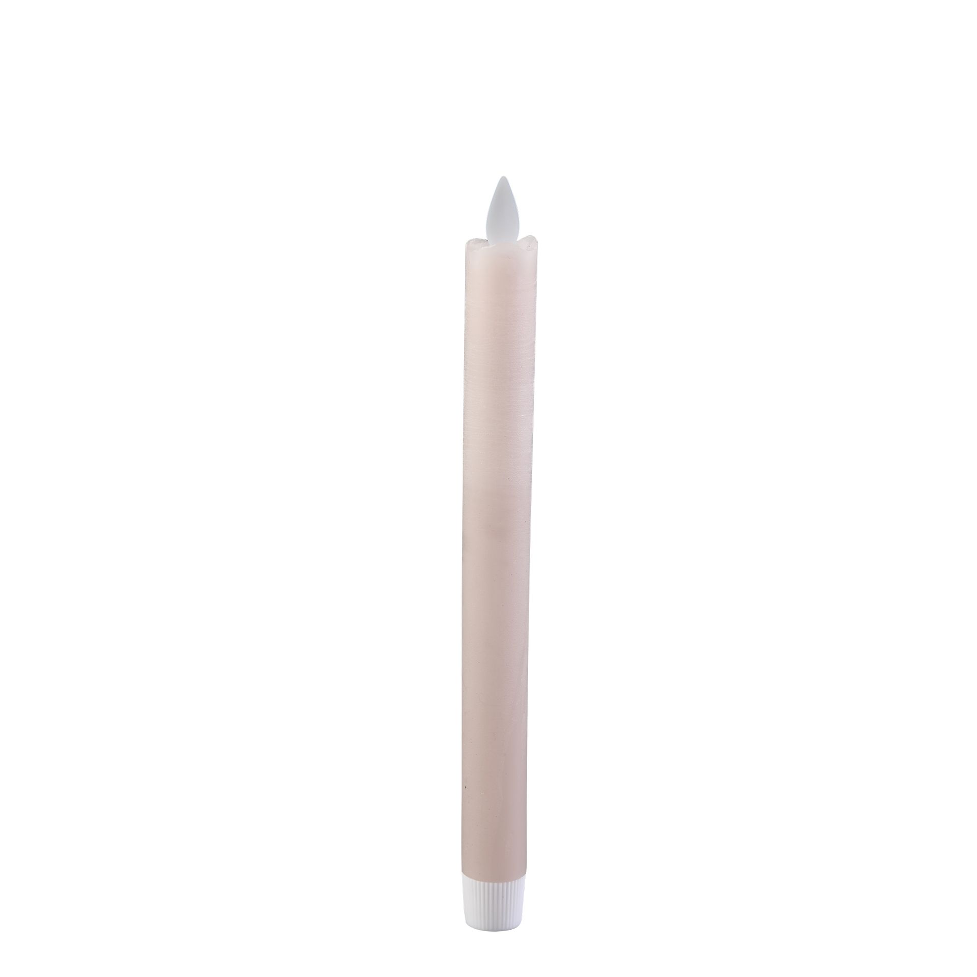 Slanke beige kaars met een witte voet op een effen witte achtergrond.