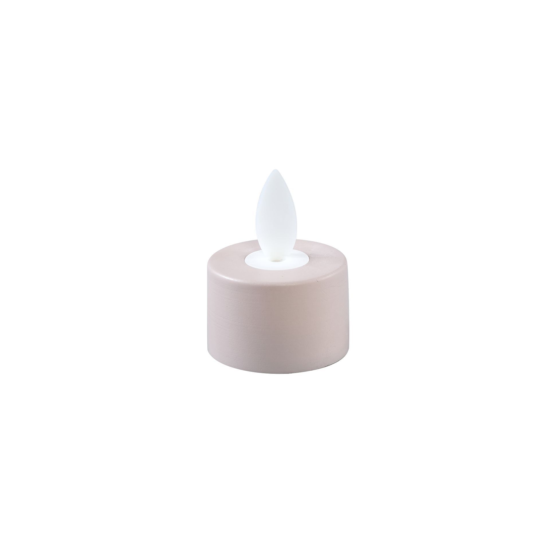 Witte LED-theelichtkaars met een beige voet op een effen achtergrond.