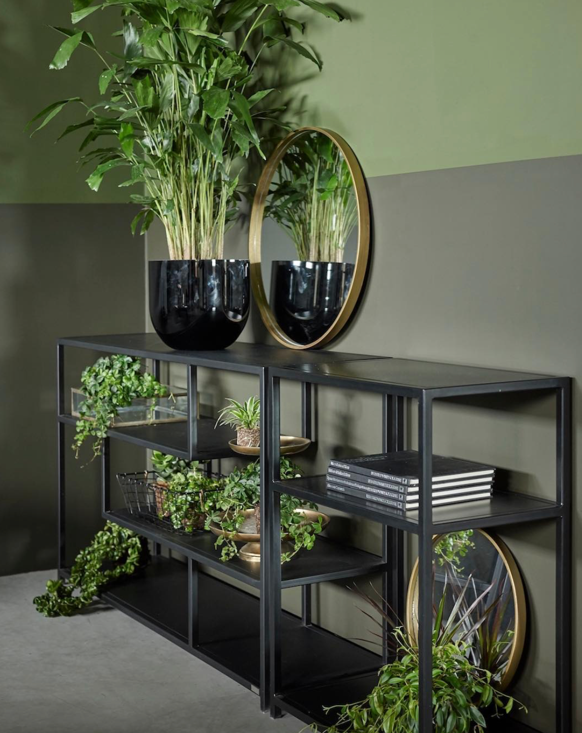 Zwarte metalen consoletafel met potplanten, spiegel en gestapelde boeken tegen een tweekleurige muur.