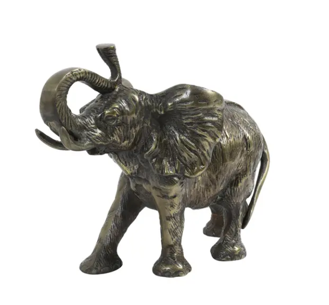 Bronzen olifantensculptuur met opgeheven slurf en gespreide oren.