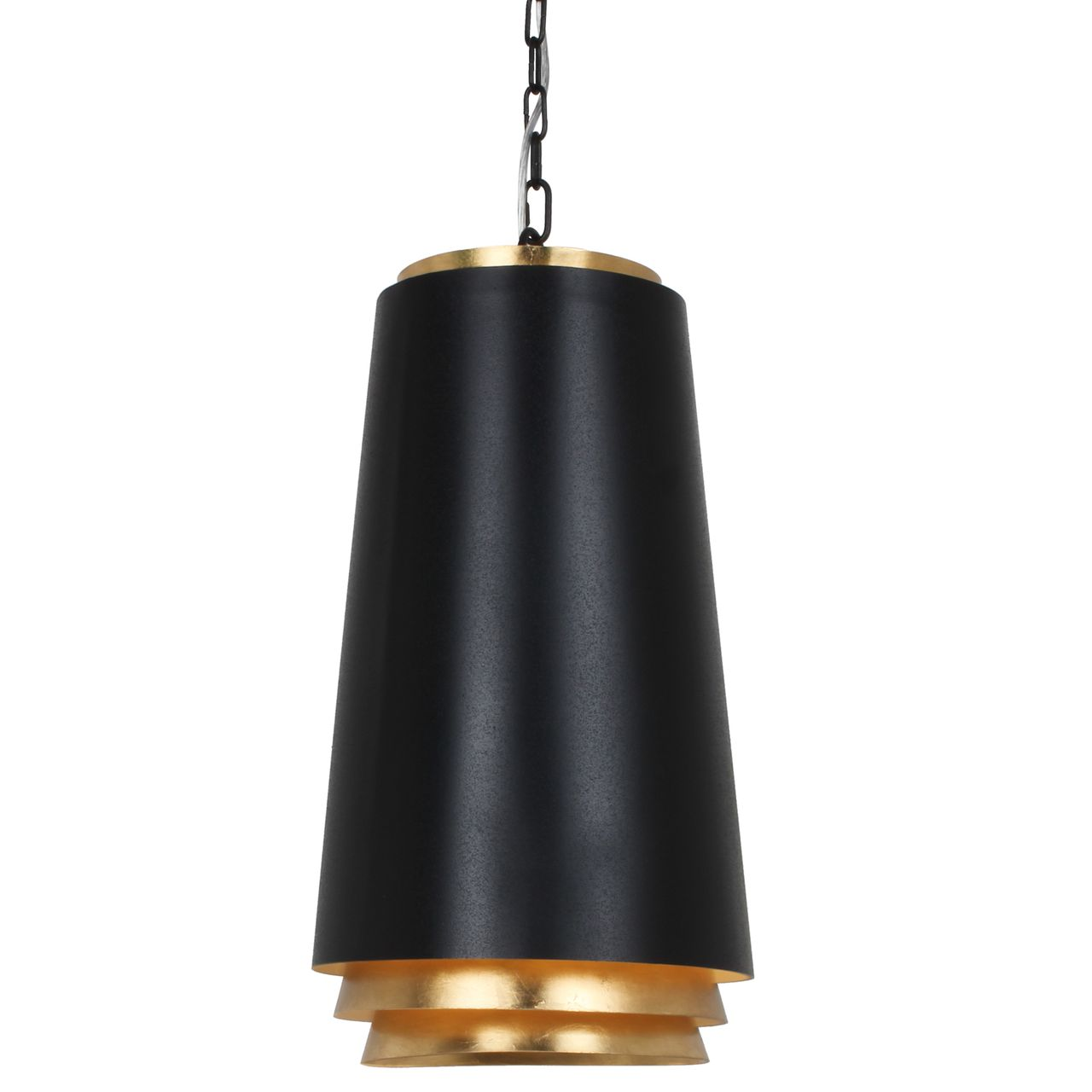Witte en gouden kegelvormige hanglamp, hangend aan een ketting.