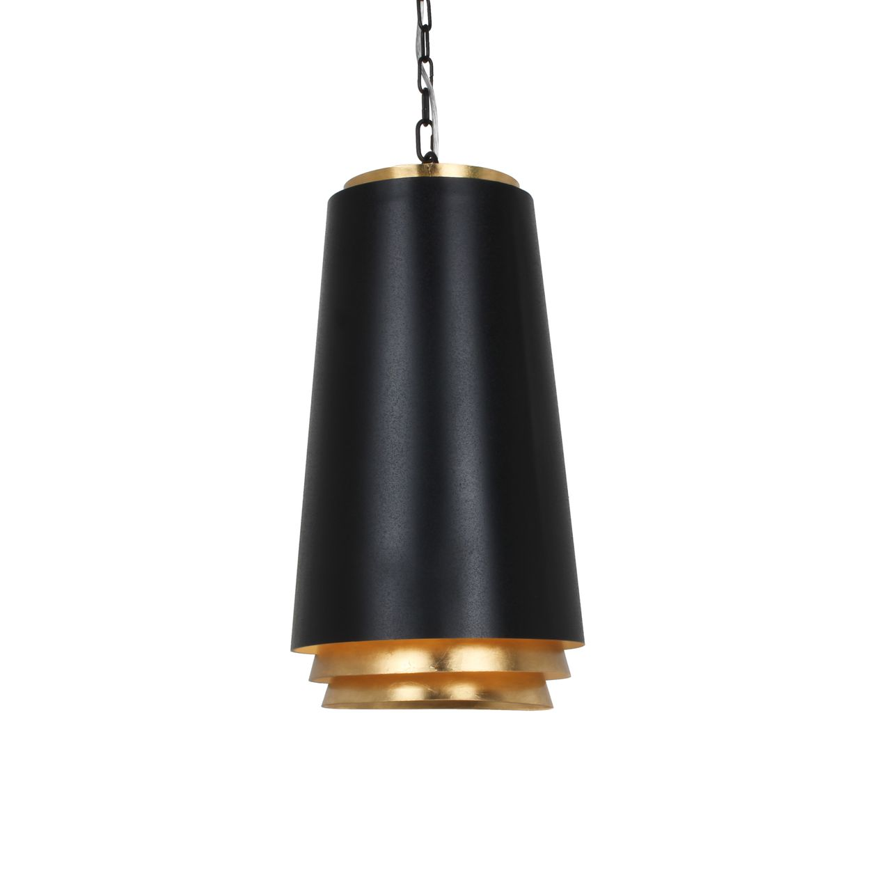 Witte en gouden hanglamp met een gelaagd ontwerp, hangend aan een ketting.