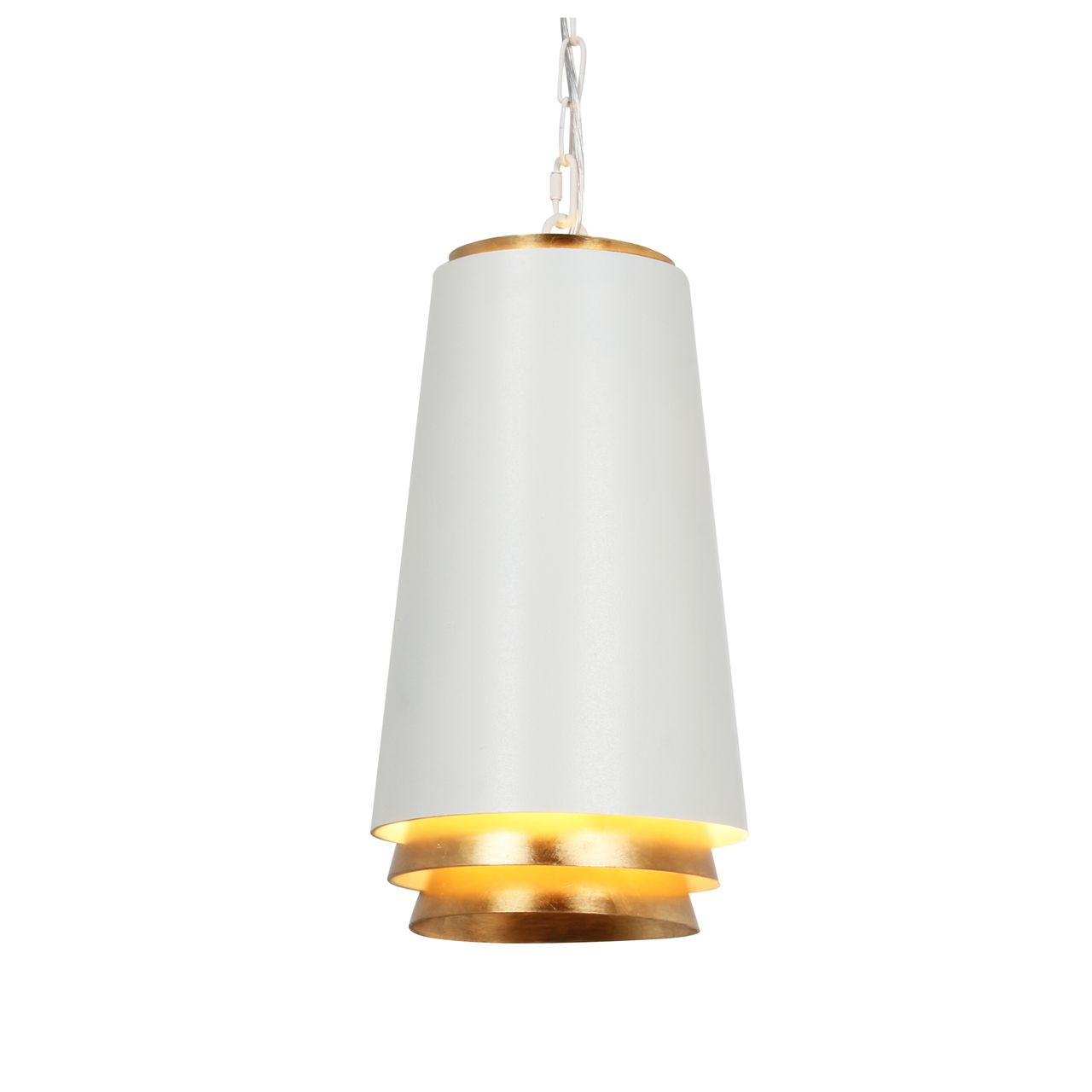Witte en gouden hanglamp met een gelaagd ontwerp, hangend aan een ketting.
