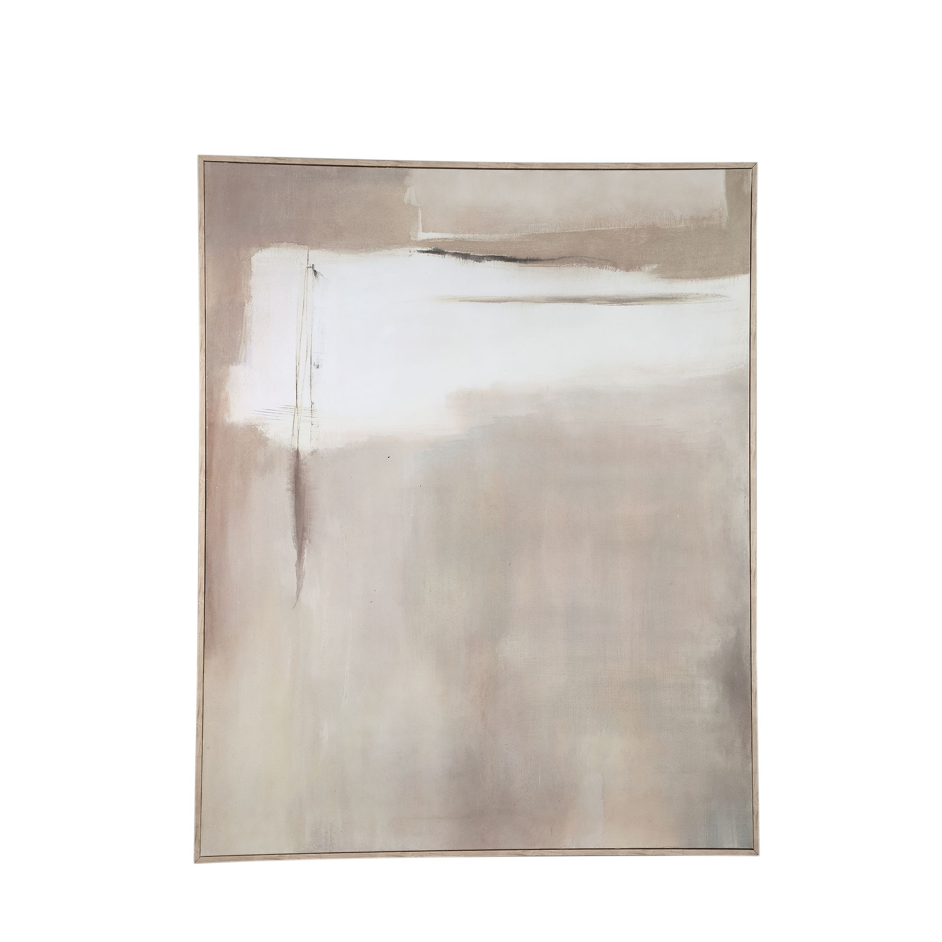 Abstract schilderij met beige en witte tinten; zwarte lijnen.