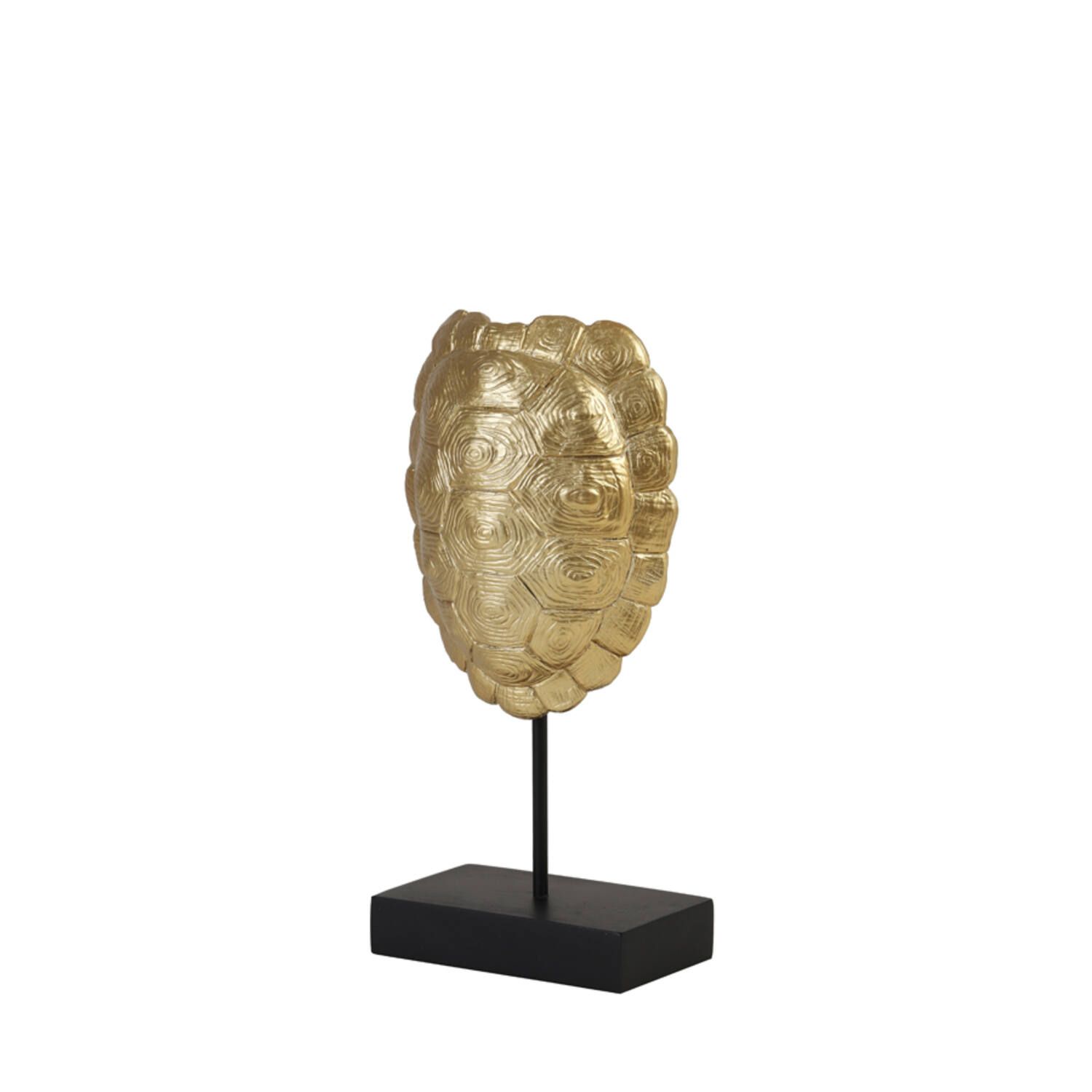 Beeldhouwerk van een gouden schildpadschild op een zwarte sokkel.