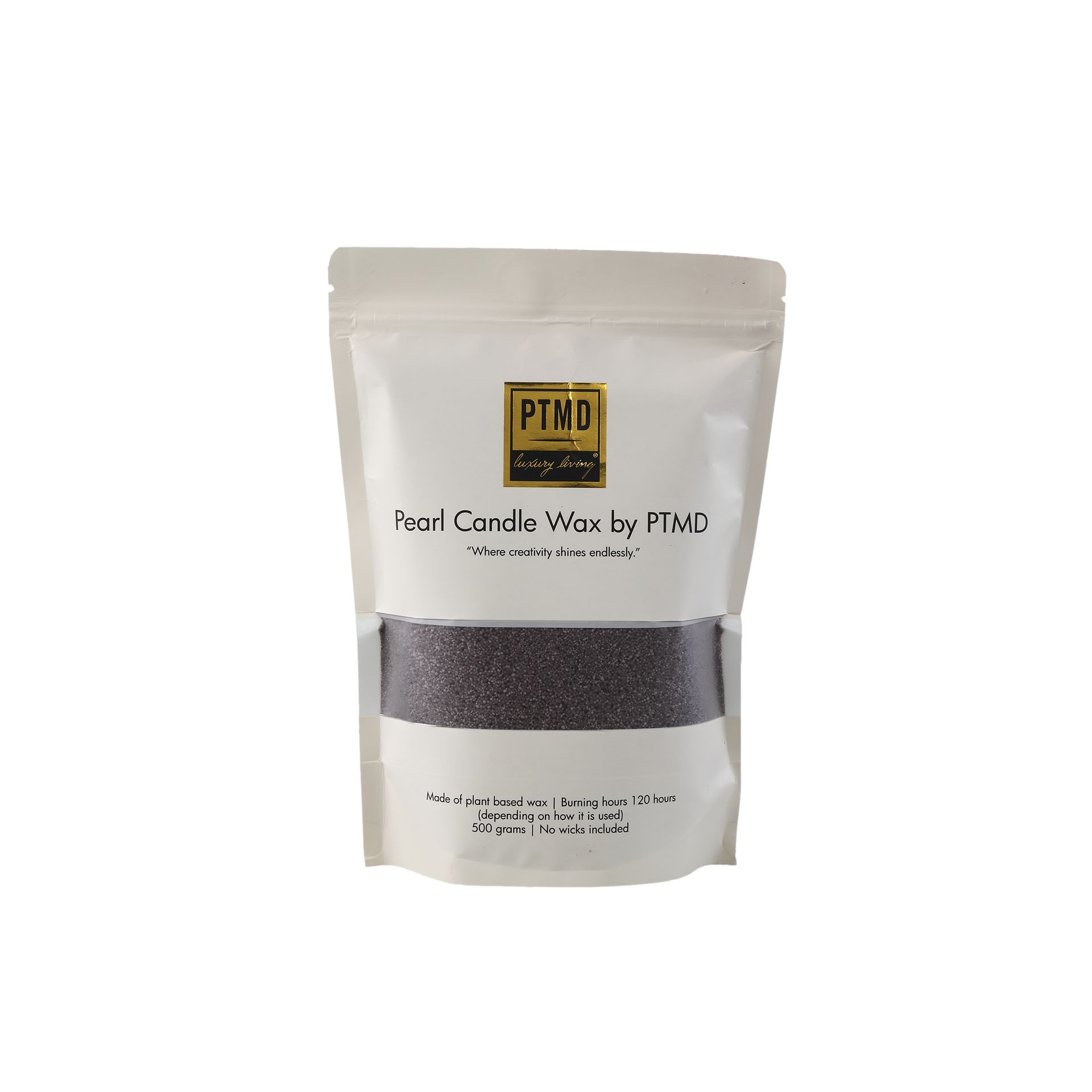Witte hersluitbare zak met een zwart-geel etiket en een doorzichtig venster aan de onderkant waardoor grijze korrels of pellets zichtbaar zijn.