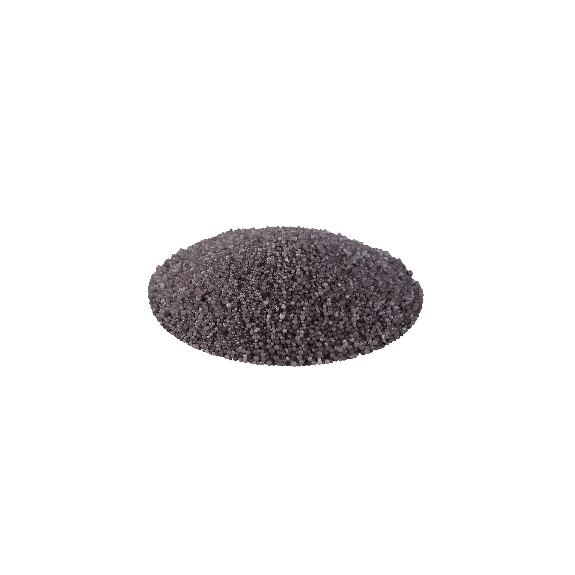 Witte hersluitbare zak met een zwart-geel etiket en een doorzichtig venster aan de onderkant waardoor grijze korrels of pellets zichtbaar zijn.