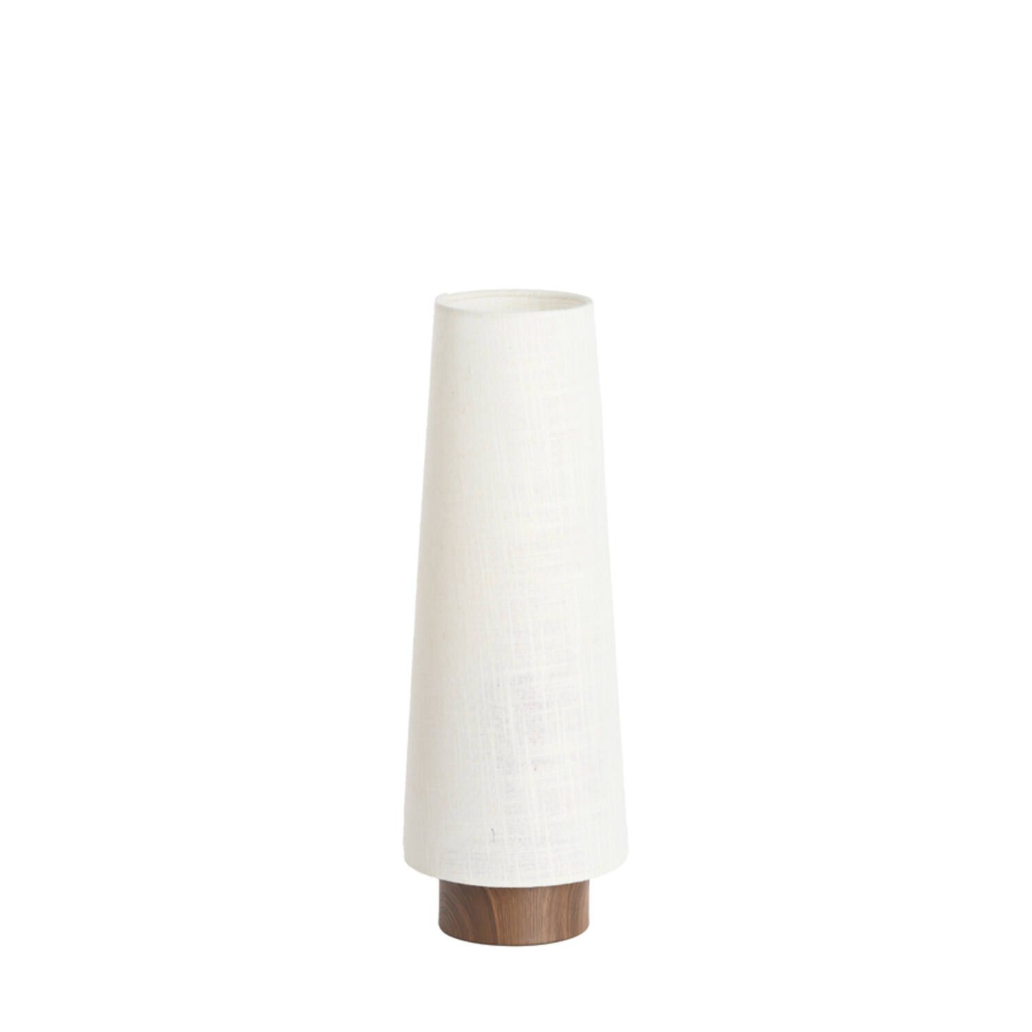 Witte, taps toelopende tafellamp met houten voet.