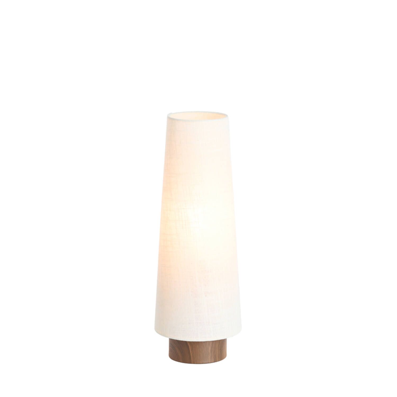 Witte, taps toelopende tafellamp met houten voet.