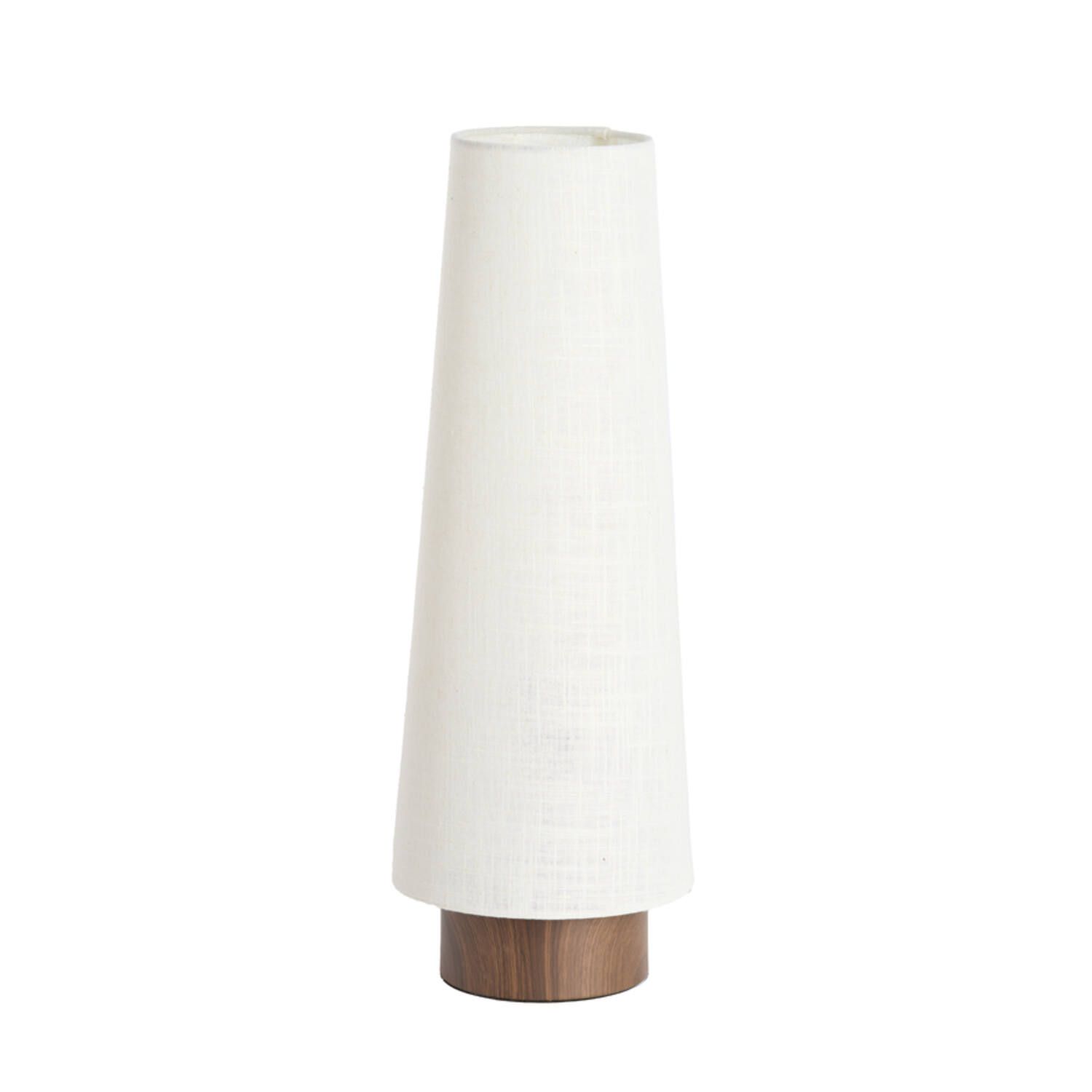 Witte, taps toelopende tafellamp met een houten voet.