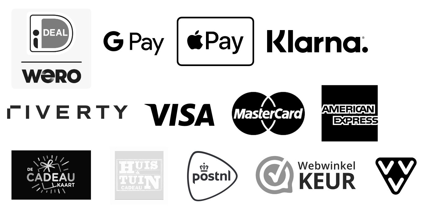 Logo's betaalmethoden, o.a.  iDEAL, Google Pay, Apple Pay, Klarna, Visa en Mastercard. Verzendmethode PostNL. WebwinkelKeur