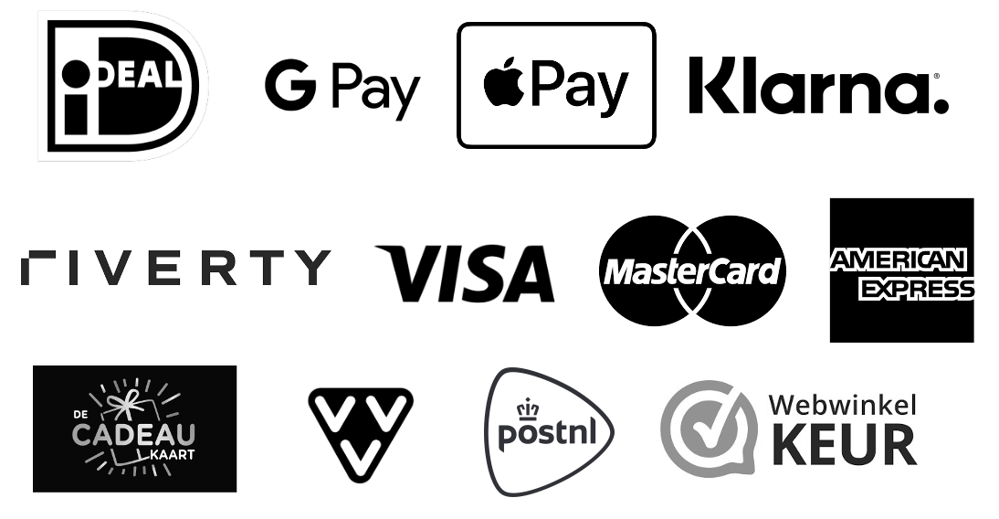 Logo's betaalmethoden, o.a.  iDEAL, Google Pay, Apple Pay, Klarna, Visa en Mastercard. Verzendmethode PostNL. WebwinkelKeur