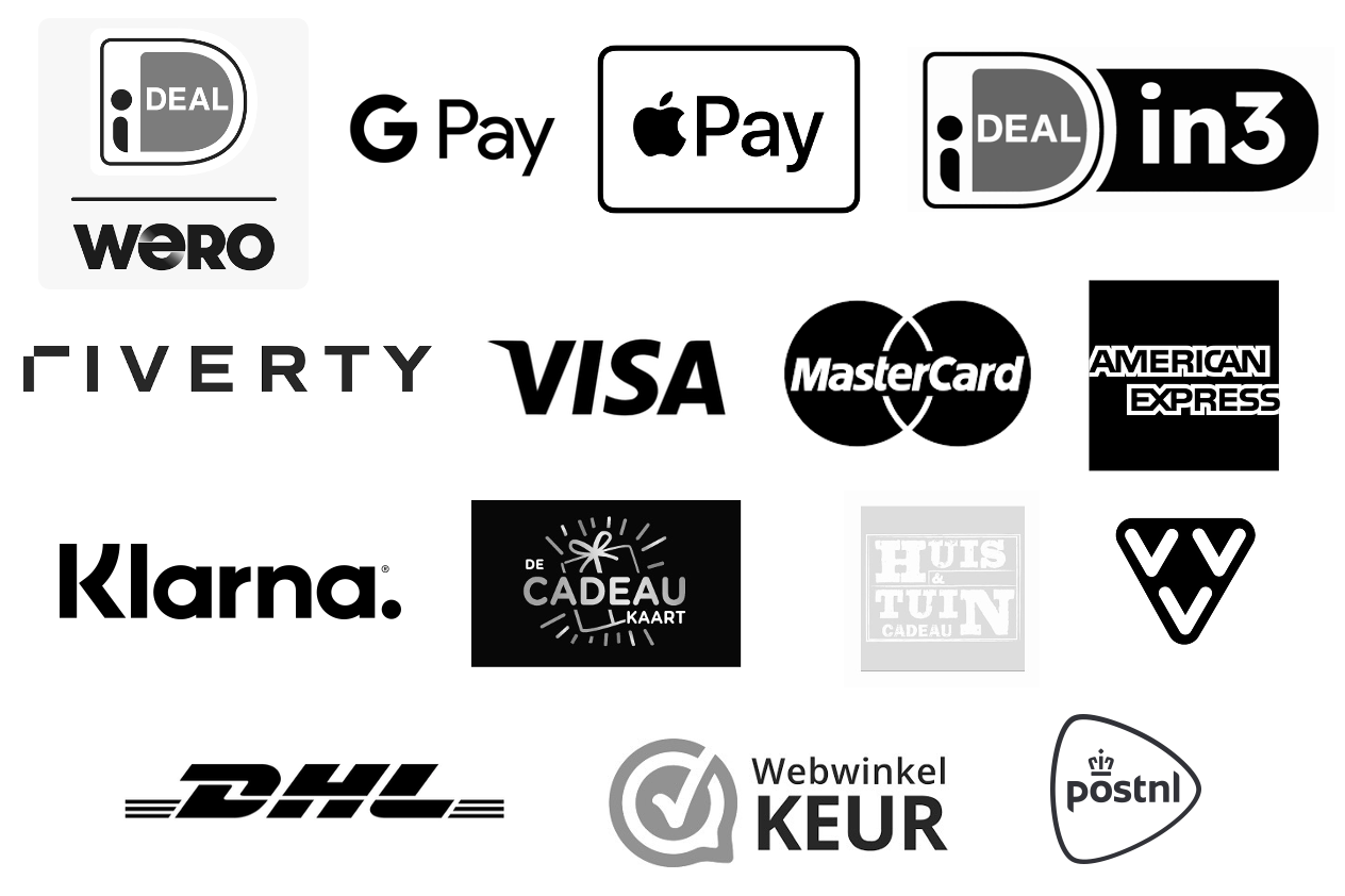 Logo's betaalmethoden, o.a.  iDEAL, Google Pay, Apple Pay, Klarna, Visa en Mastercard. Verzendmethode PostNL. WebwinkelKeur
