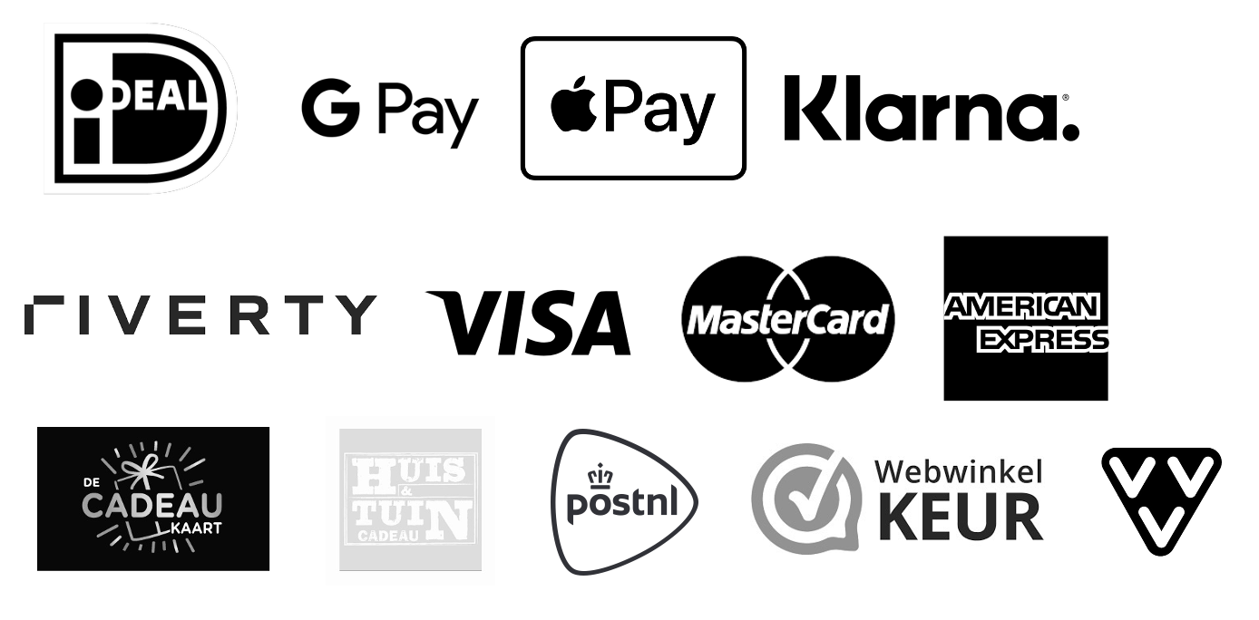 Logo's betaalmethoden, o.a. iDEAL, Google Pay, Apple Pay, Klarna, Visa en Mastercard. Verzendmethode PostNL. WebwinkelKeur