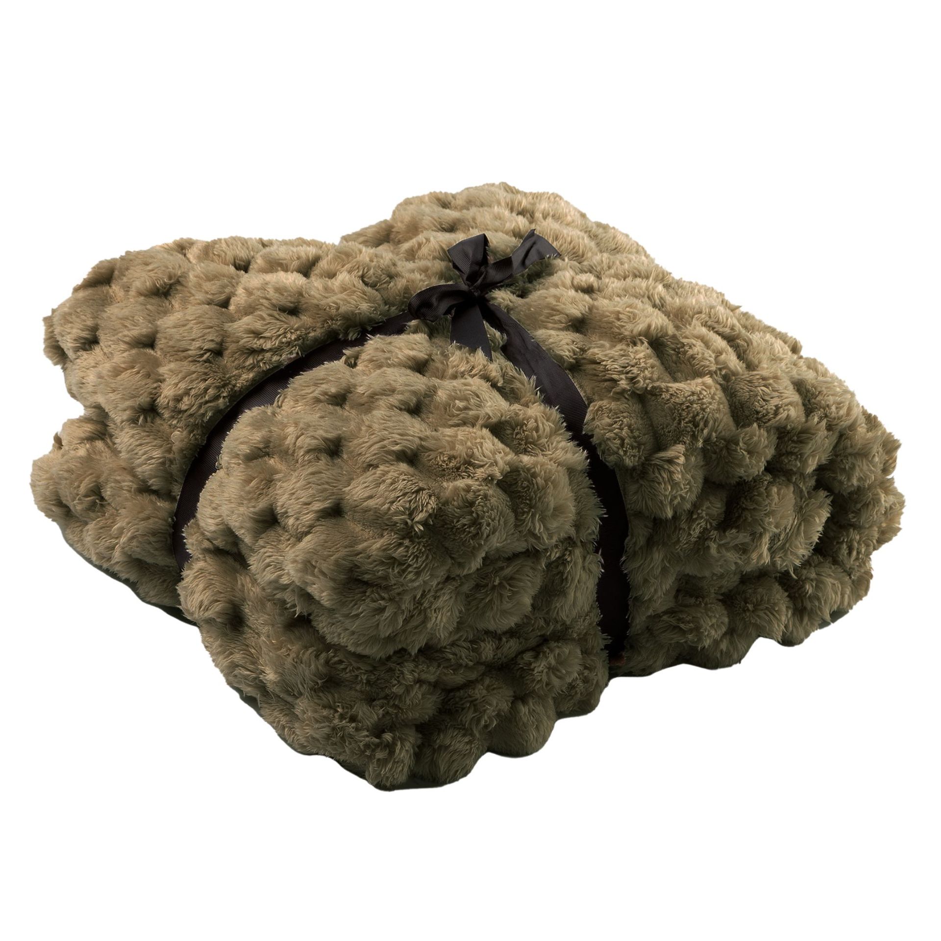 Een opgevouwen, zachte, beige deken met pompons, bijeengebonden met een donker lint.