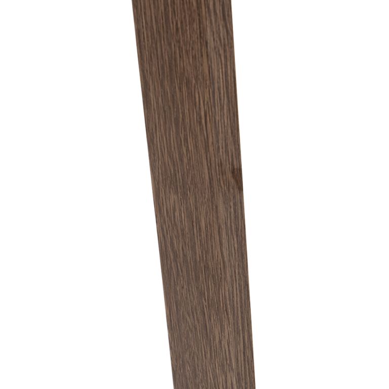 Verticale, afgeronde rechthoekige spiegel met een grijs reflecterend oppervlak en een bruin frame.