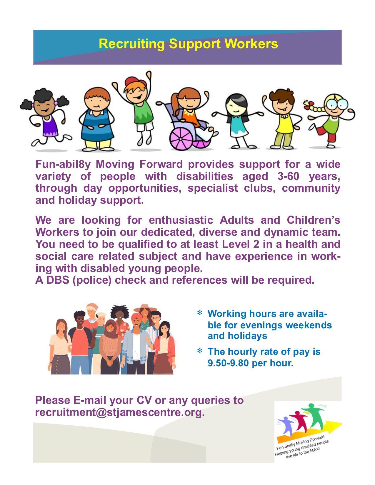 Colourful font showing job advert for a Support Worker