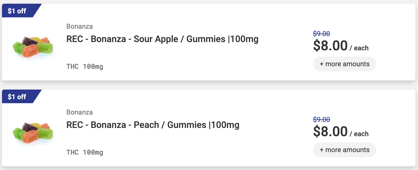 A screenshot of a website showing two different flavors of gummy bears.