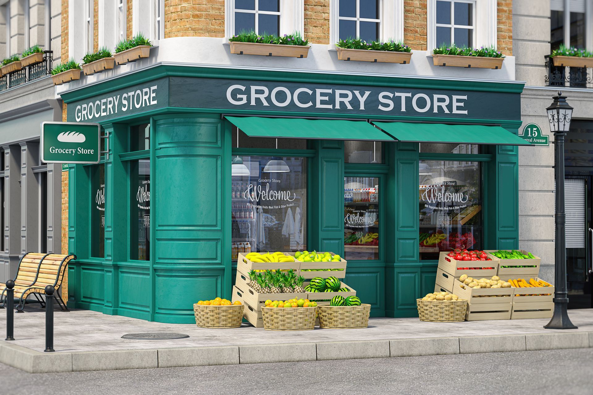 Grocery store shop in vintage style with fruit and vegetable crates on the street.
