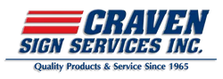 Craven Sign Services Inc. logo with red and blue text and stripes, “Quality Products & Service Since 1965” beneath.