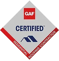 GAF Certified Residential Roofing Contractor badge. Red, white, and blue logo.