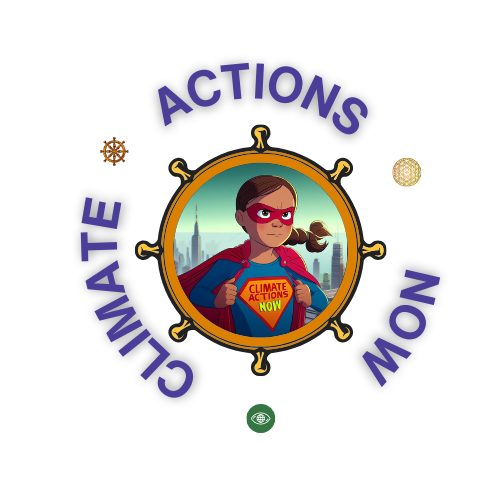 A logo for climate actions now with a girl in a superhero costume