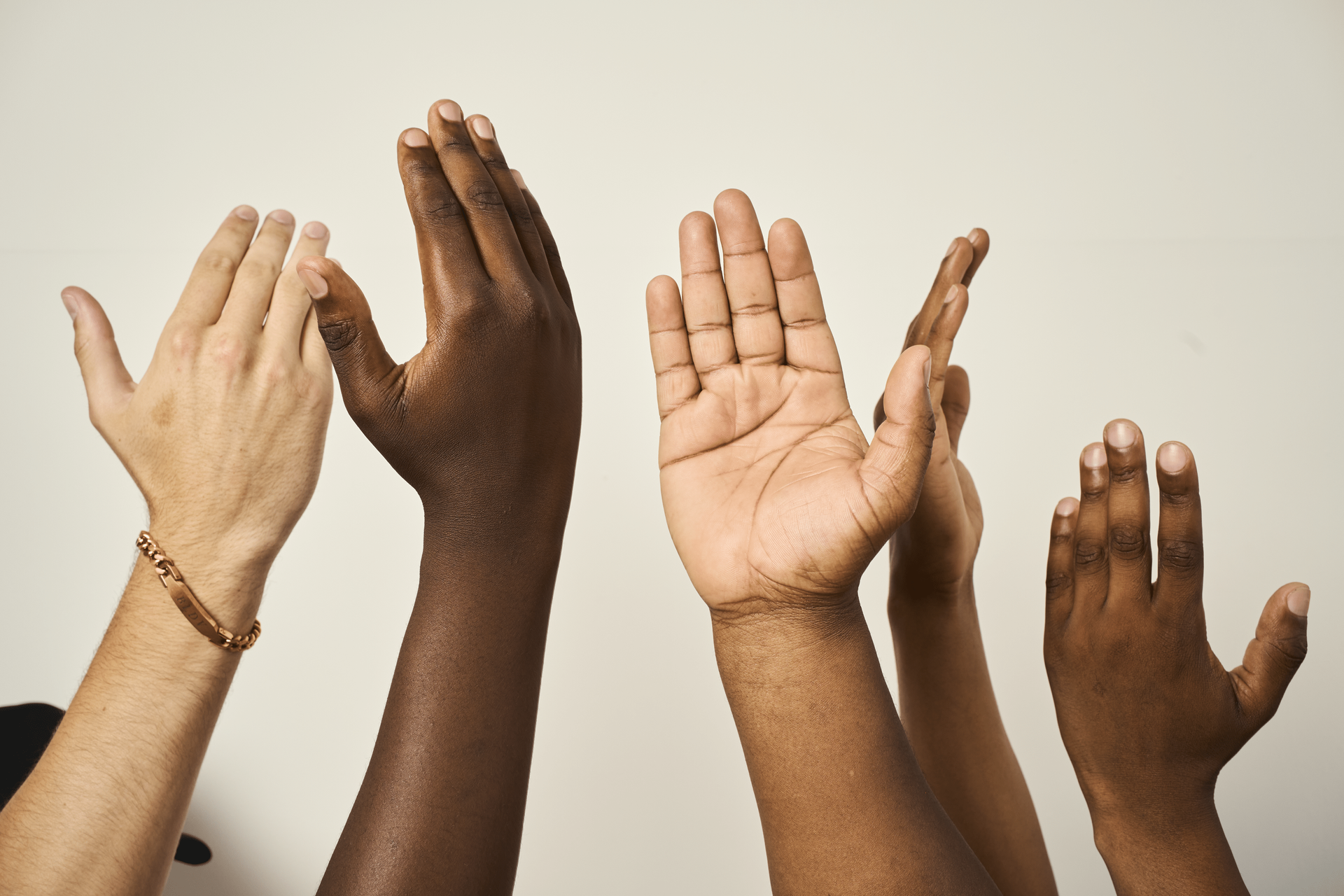 A group of people are raising their hands in the air