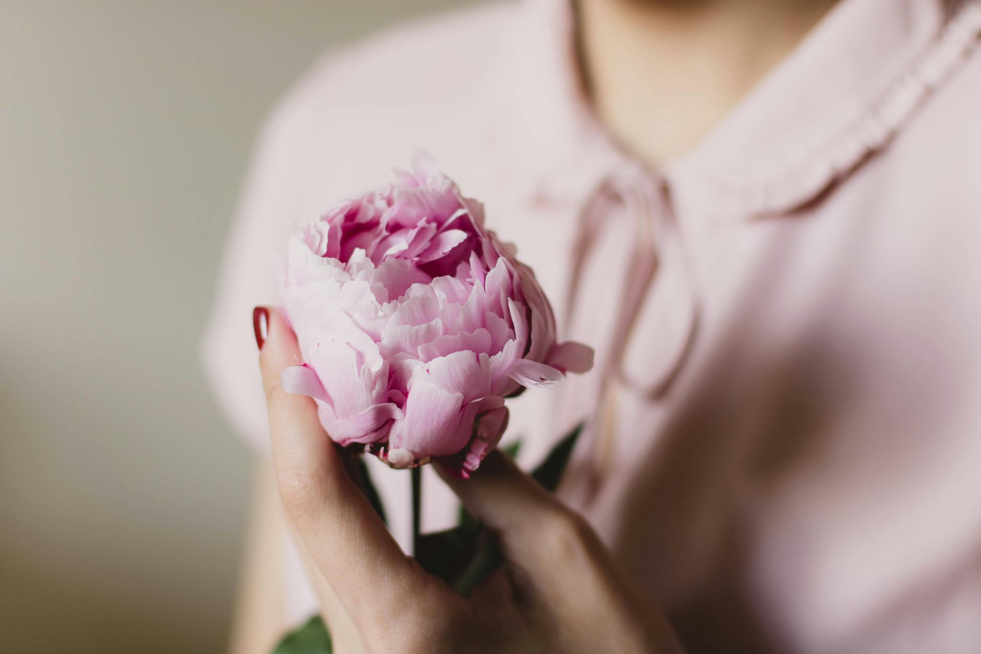A woman in a pink shirt is holding a pink flower in her hands.