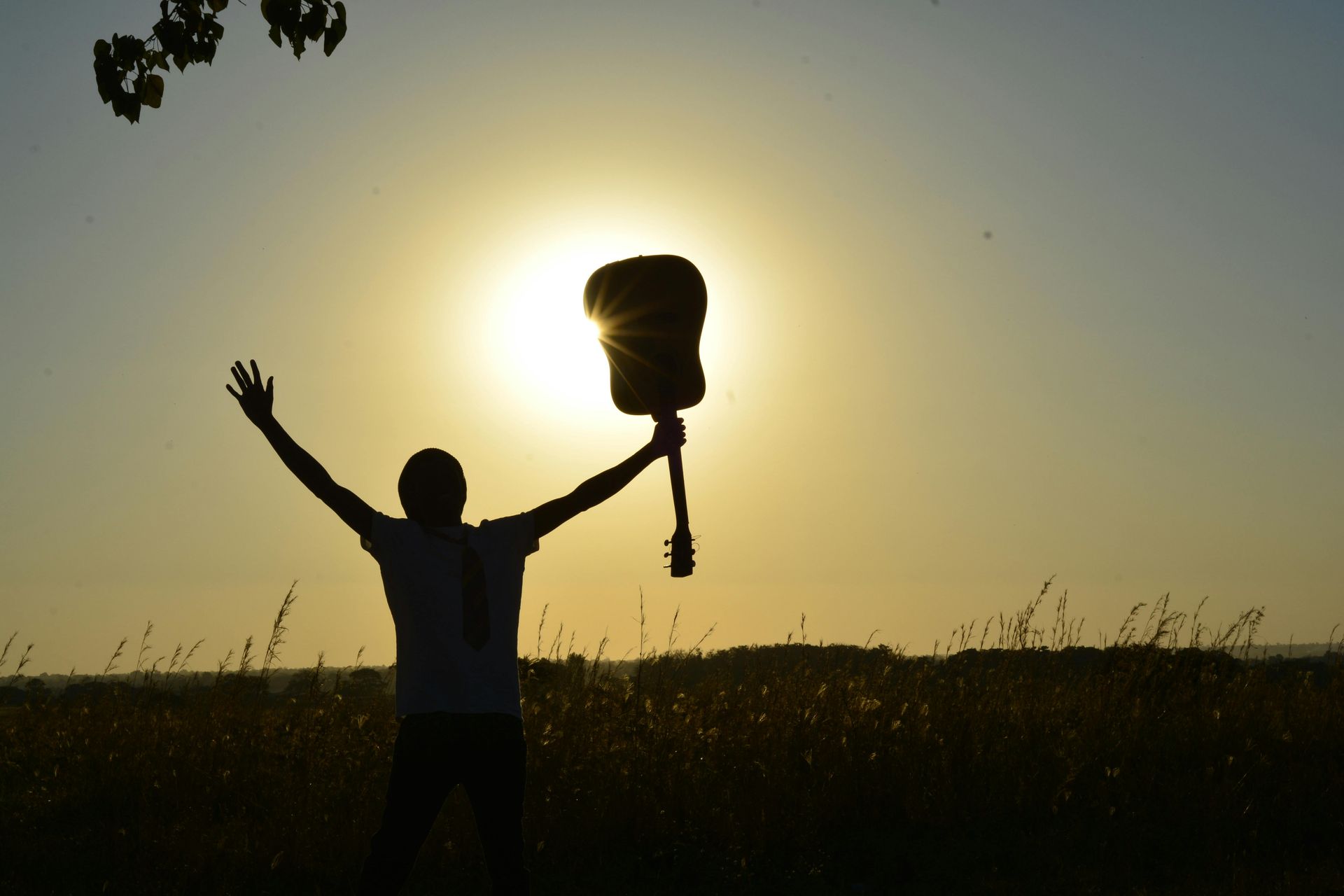 A person holding a guitar in front of the sun