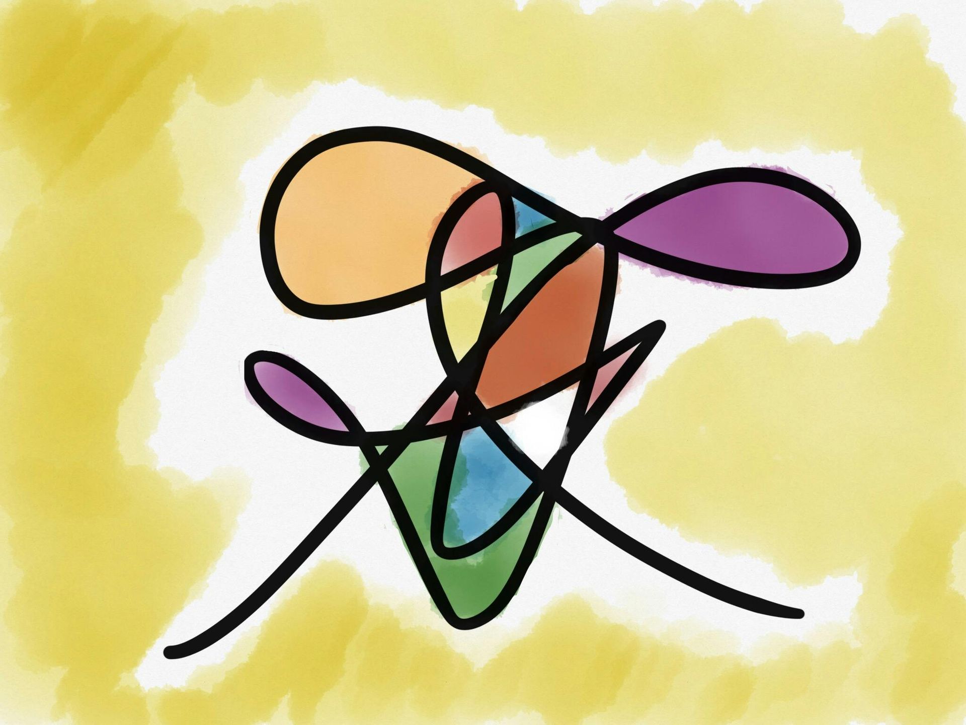 A drawing of a colorful swirl on a yellow background
