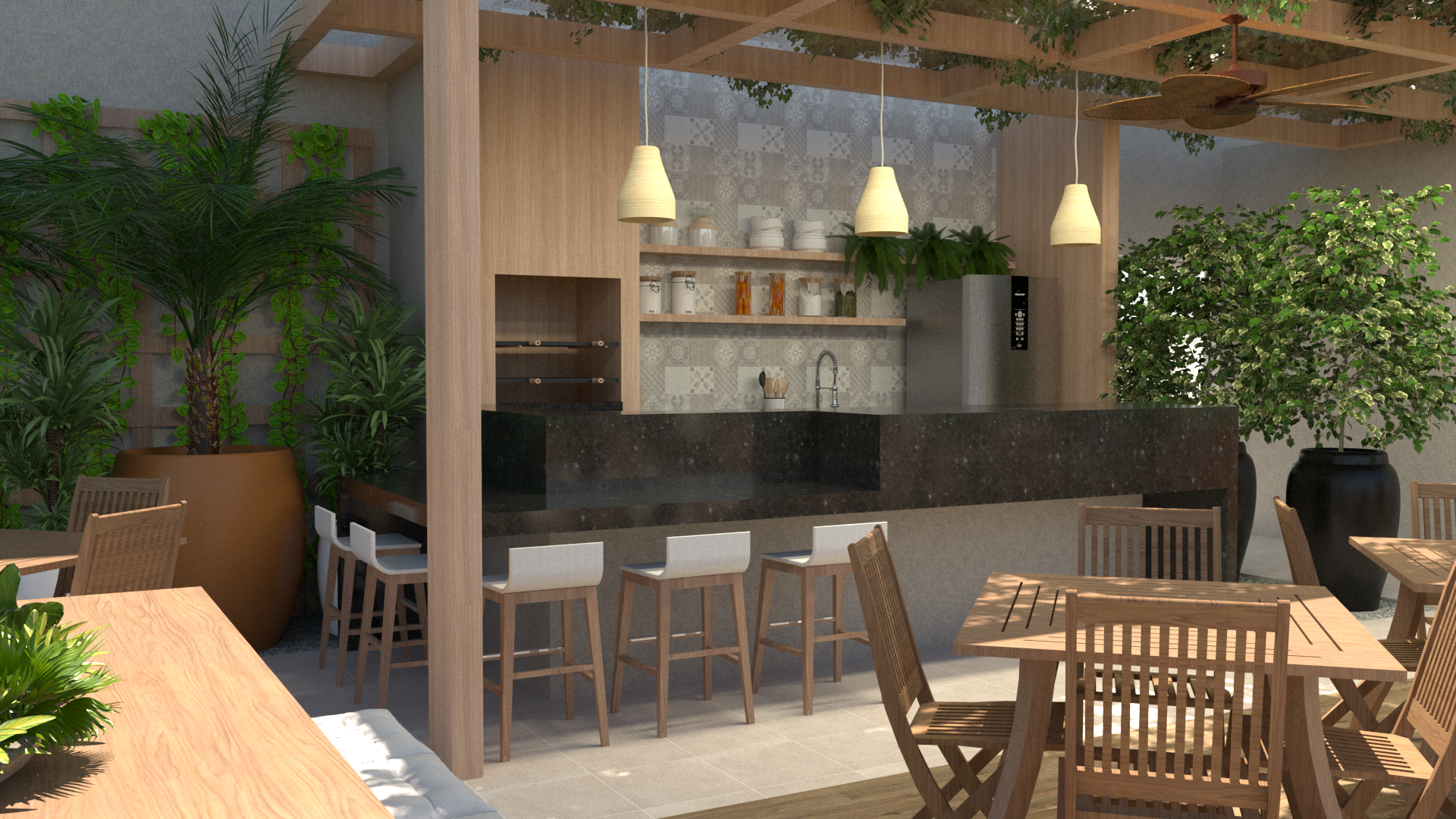 Cozinha e área de jantar ao ar livre com bar, banquetas, mesas e vegetação exuberante.