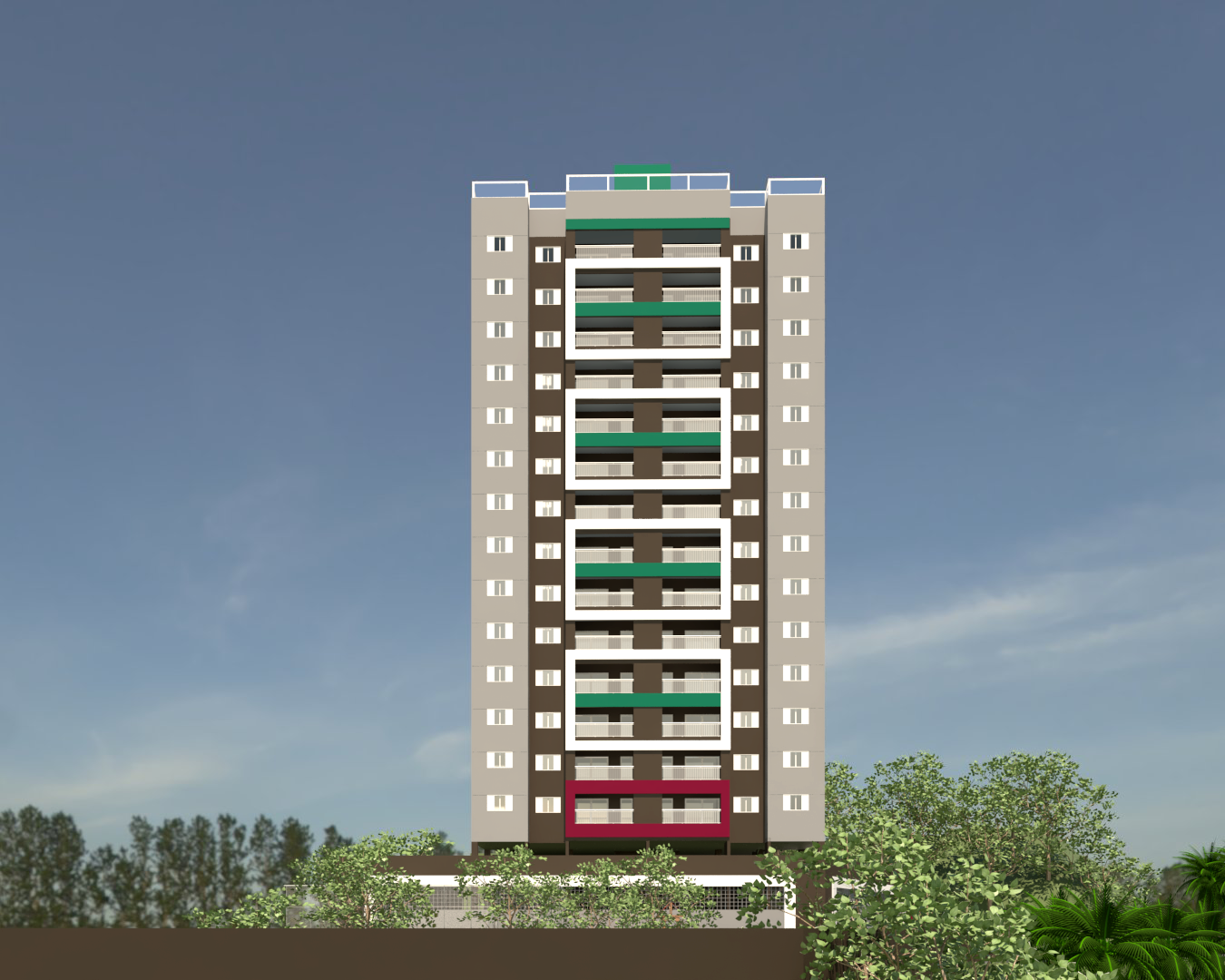 Prédio alto de apartamentos bege com detalhes em verde e bordô, cercado por árvores contra um céu azul.