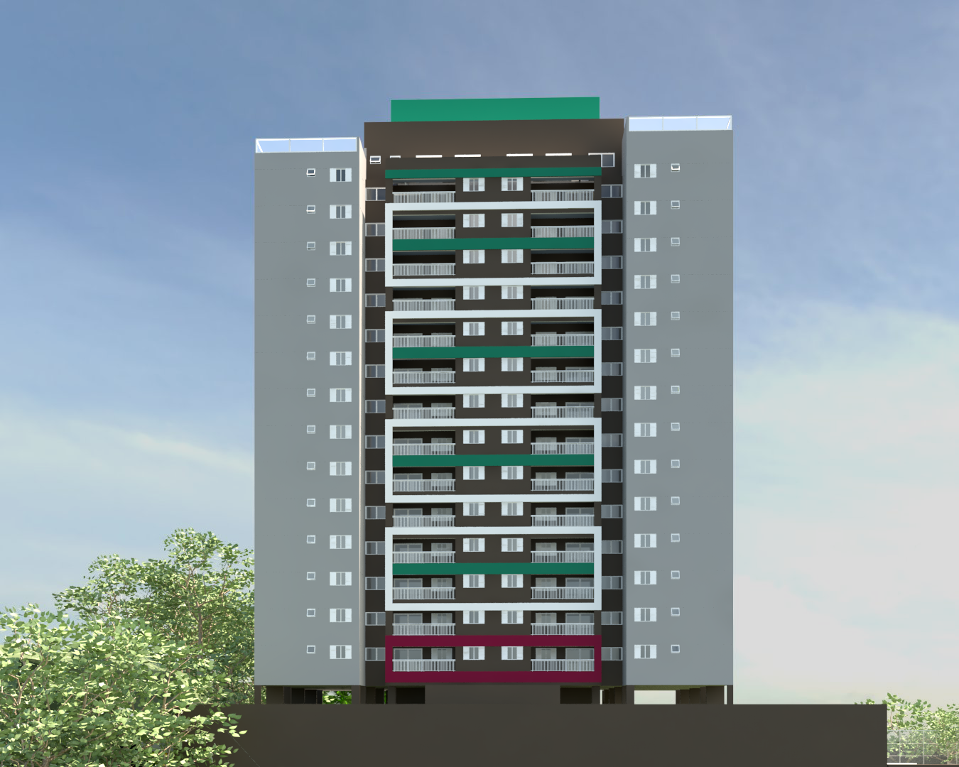 Prédio residencial de vários andares com fachada cinza, detalhes em verde e branco e varandas.