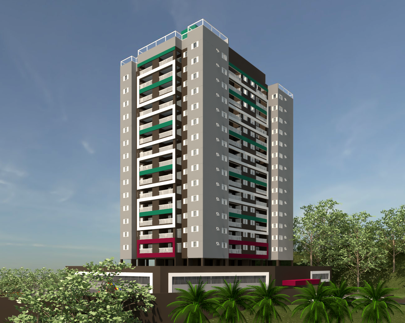 Prédio residencial moderno de vários andares com fachada cinza, com detalhes em varandas verdes, brancas e vermelhas; sob um céu azul.