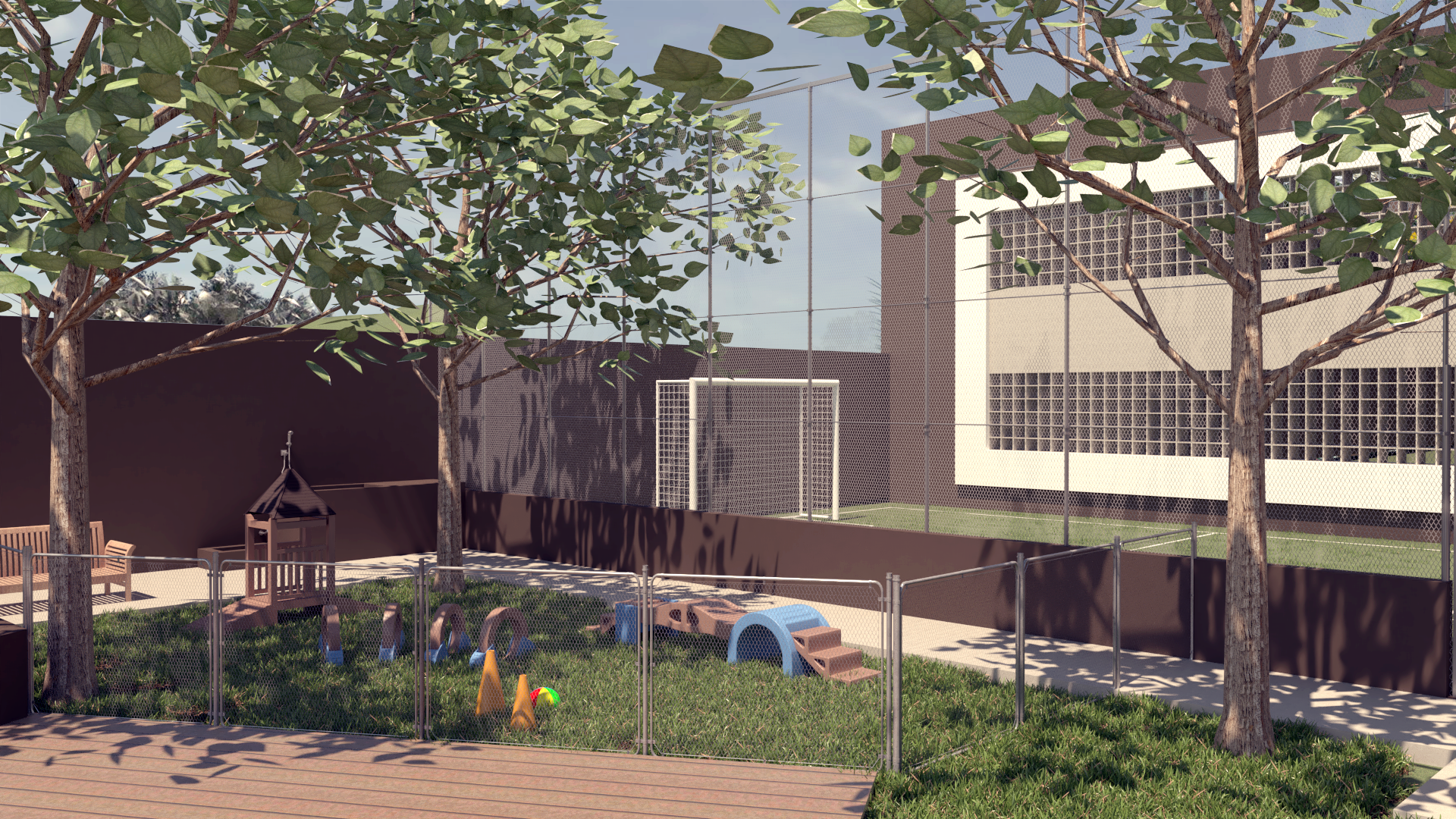 Parque infantil ao lado de um prédio. Árvores, brinquedos e um gol de futebol ao fundo. Grama verde e uma cerca.