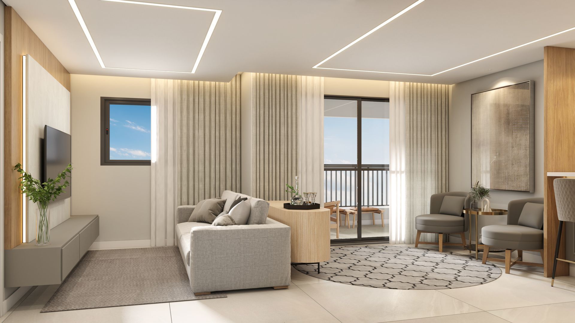 Sala de estar moderna com cores neutras, sofá, cadeiras e acesso à varanda.