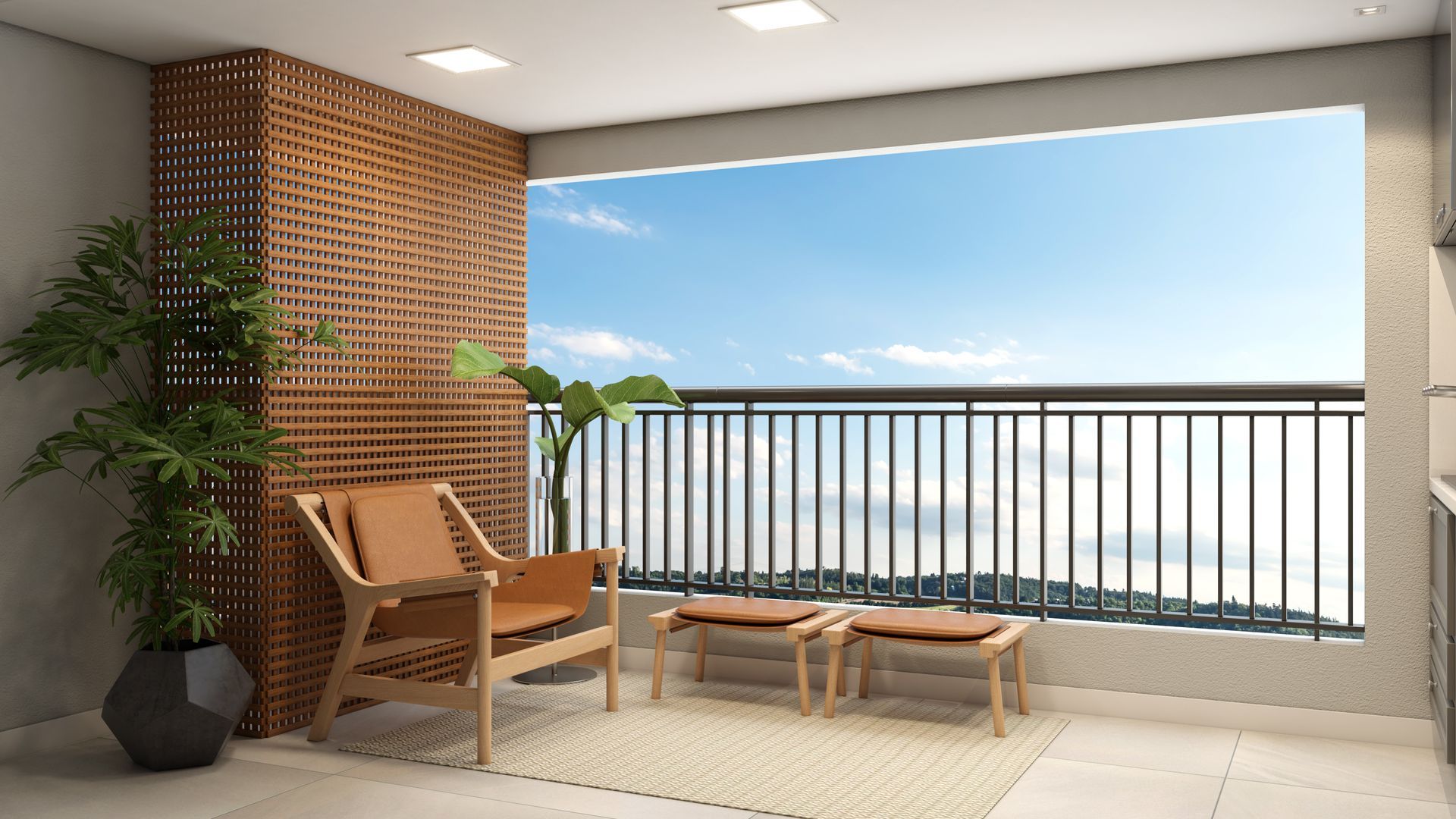 Varanda aconchegante com móveis de madeira, biombo de vime e vista para o céu.