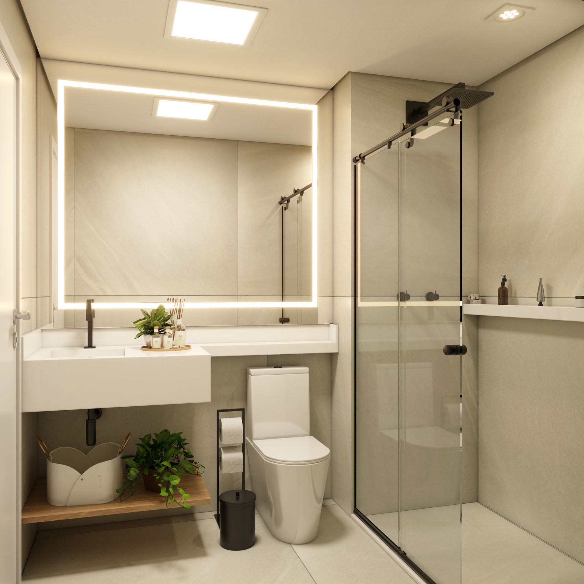 Banheiro moderno com paredes e acessórios brancos. Chuveiro, vaso sanitário, pia e espelho grande.