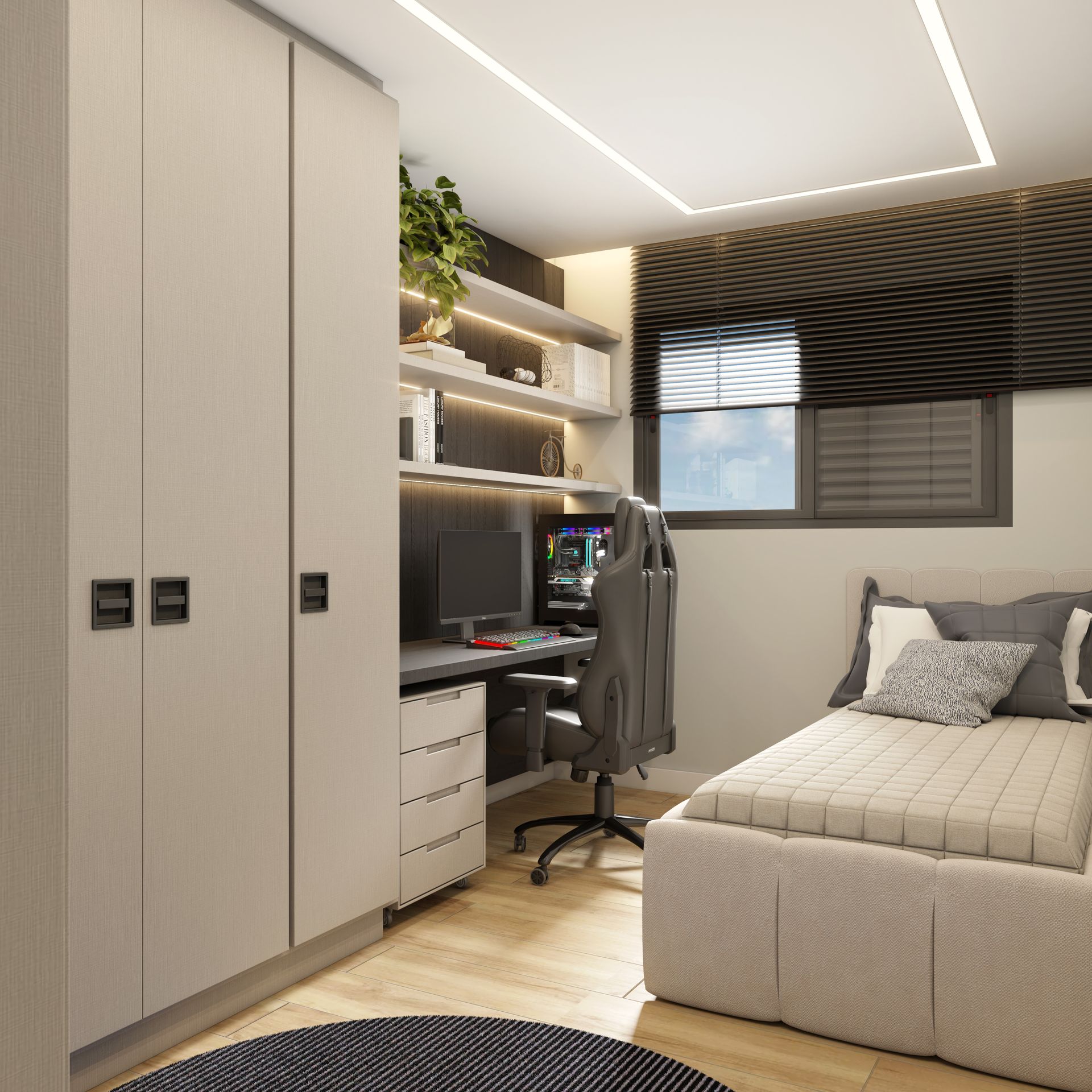 Quarto com escrivaninha embutida, prateleiras, cama e armário. Esquema de cores em cinza e branco, piso de madeira natural.