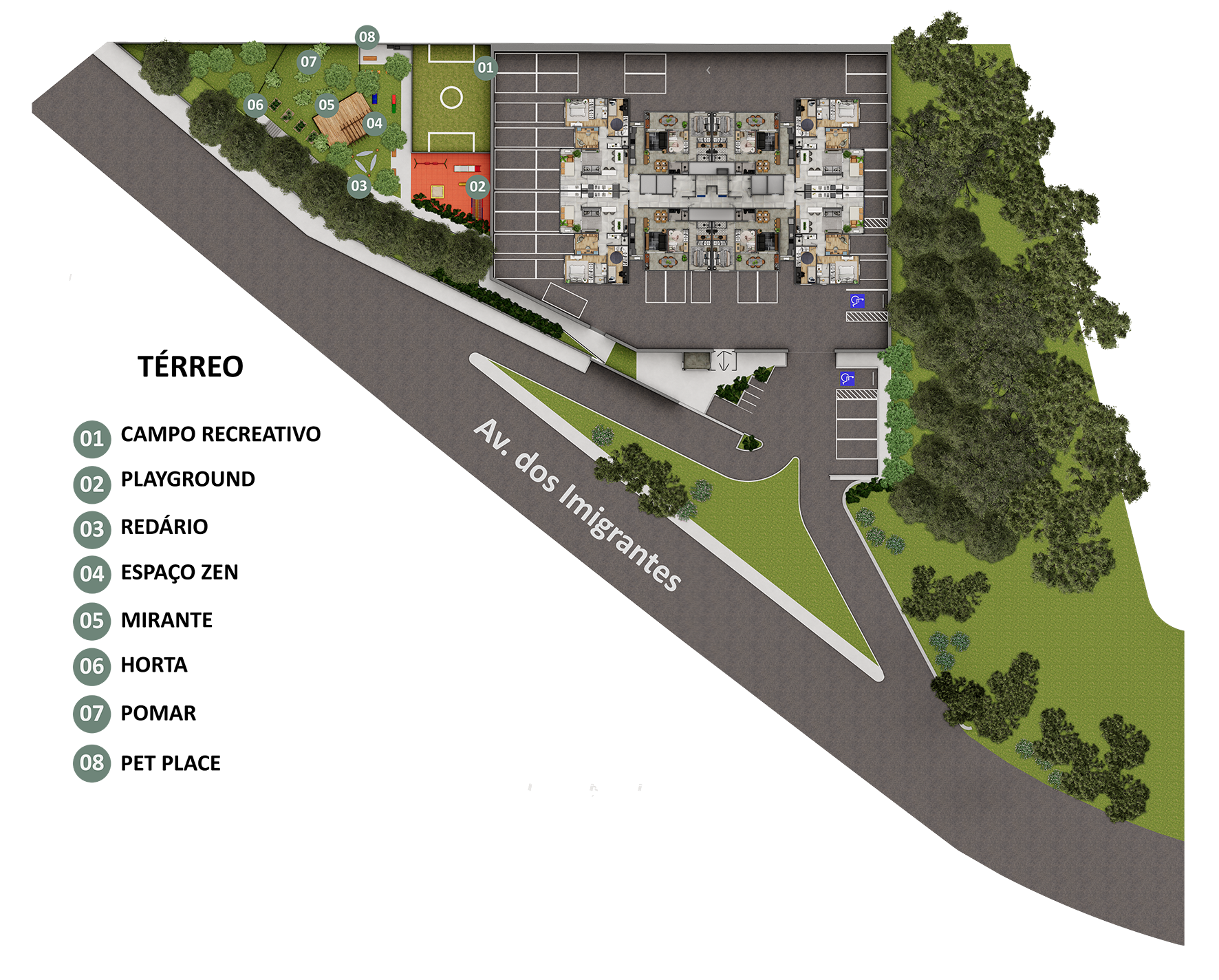 Vista aérea de um complexo residencial com diversas comodidades: parque infantil, jardim zen e espaço para animais de estimação, ao lado de uma estrada e áreas verdes.