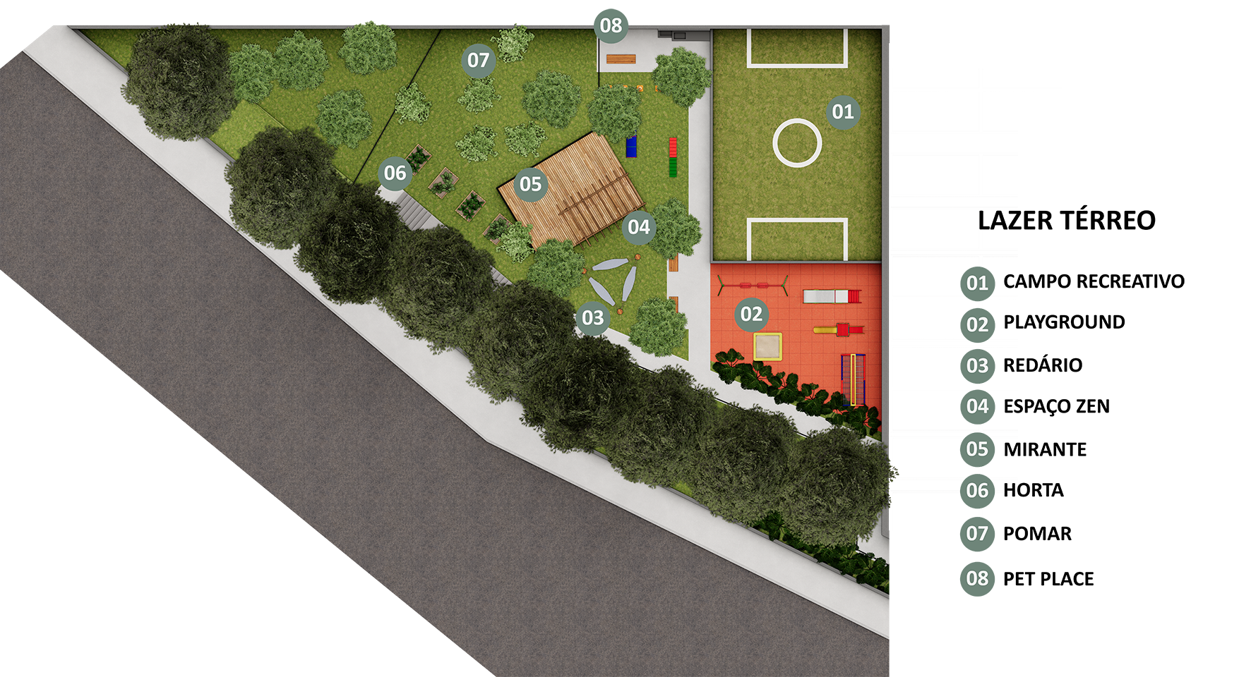 Vista aérea de uma área de lazer com campo de futebol, parque infantil e diversas áreas verdes.