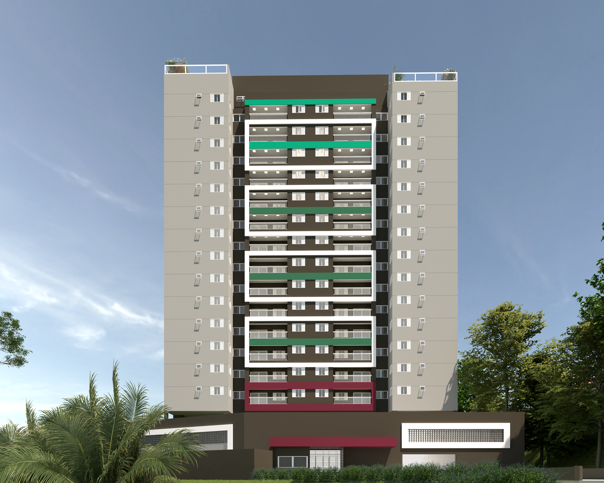 Prédio de apartamentos de vários andares com varandas, fachada cinza e painéis decorativos coloridos.