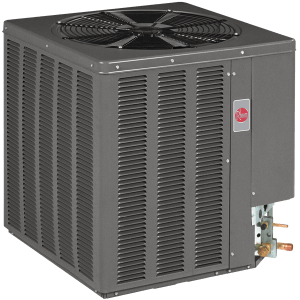 A rheem air conditioner is sitting on a white surface