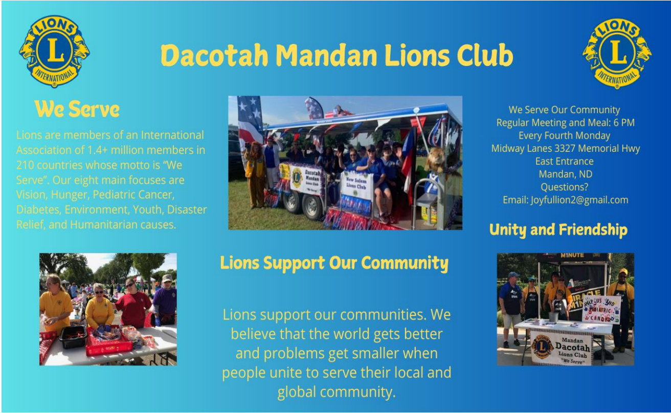 A poster for the dacotah mandan lions club