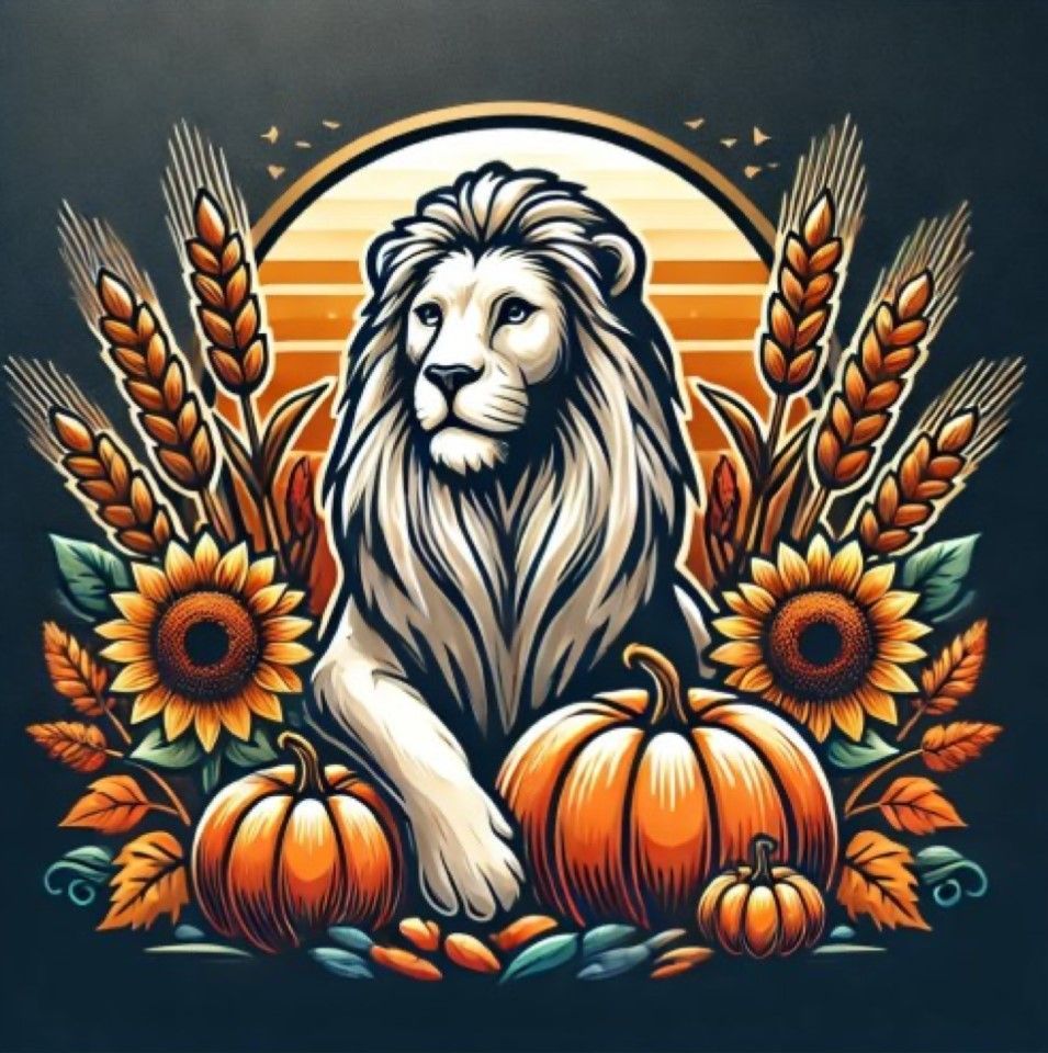 A lion is surrounded by pumpkins and sunflowers
