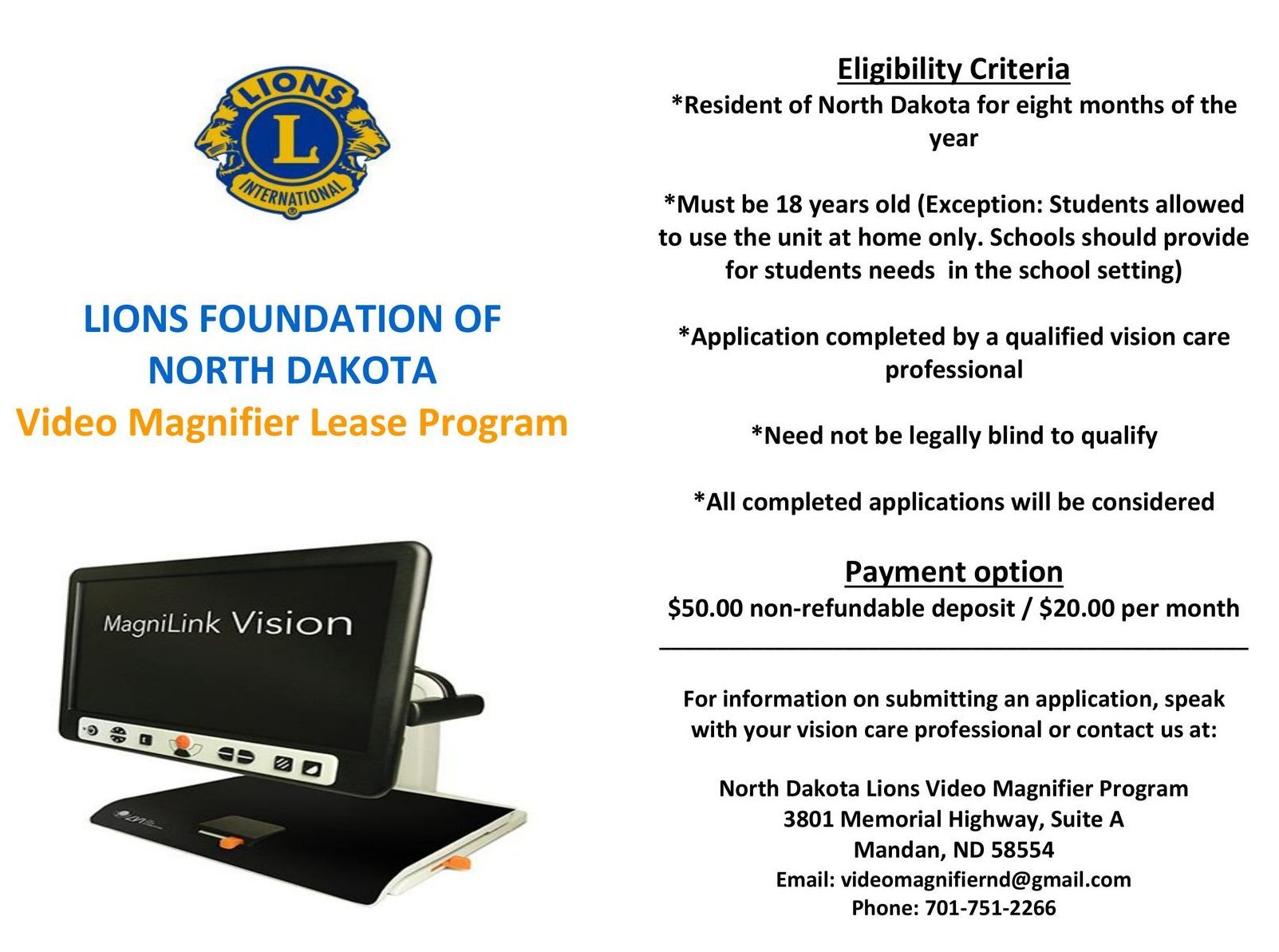 A brochure for the lions foundation of north dakota video magnifier lease program