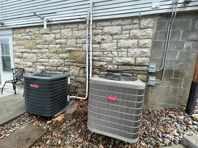 Two air conditioning units near a stone wall and gravel ground. Electrical conduit runs along the wall.