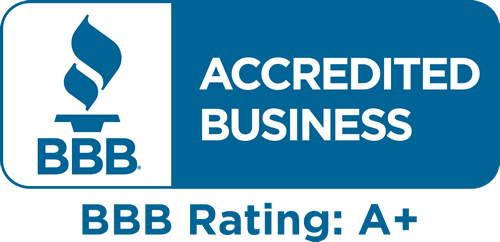 BBB logo with blue background and a flame icon, indicating accredited business with an A+ rating.