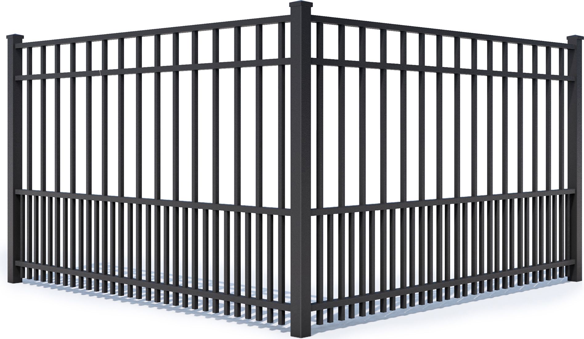 A wooden fence , a white fence , a black fence , and a chain link fence.