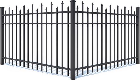 A wooden fence , a white fence , a black fence , and a chain link fence.